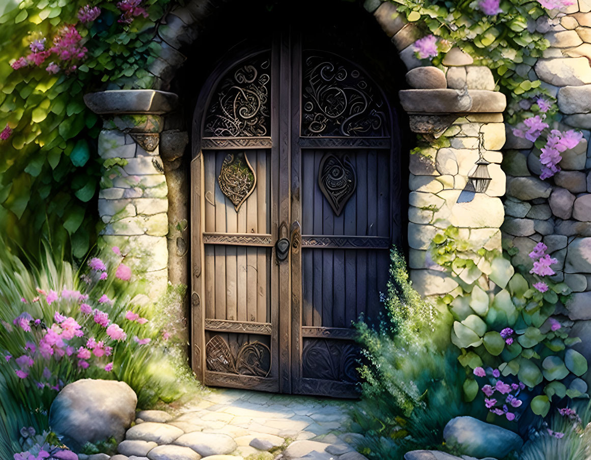 Ornate wooden door in stone wall with lush greenery and colorful flowers