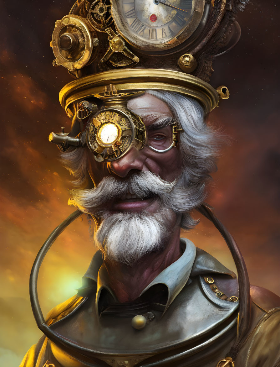 Elderly Man with White Mustache in Steampunk Attire against Orange Sky