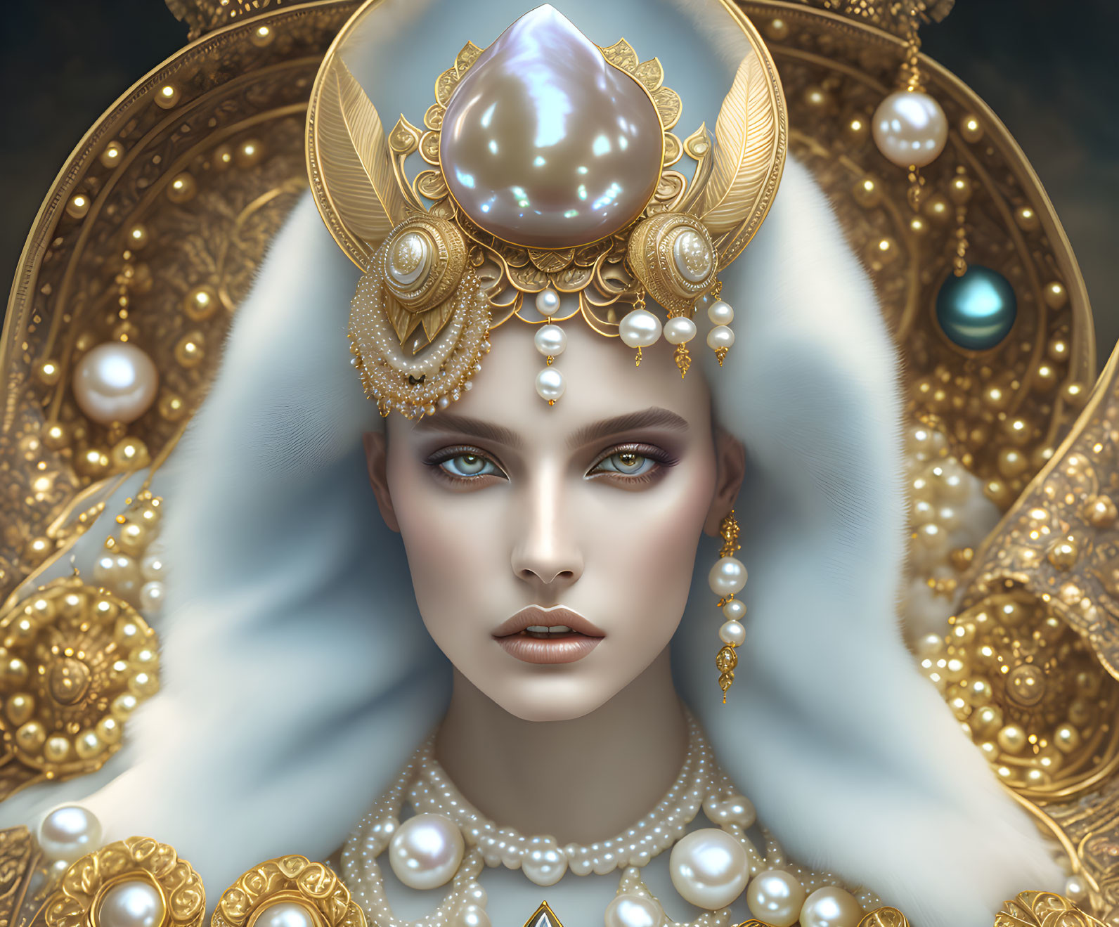 Illustration of Pale-Skinned Female Figure with Gray Eyes and Ornate Gold Headdress