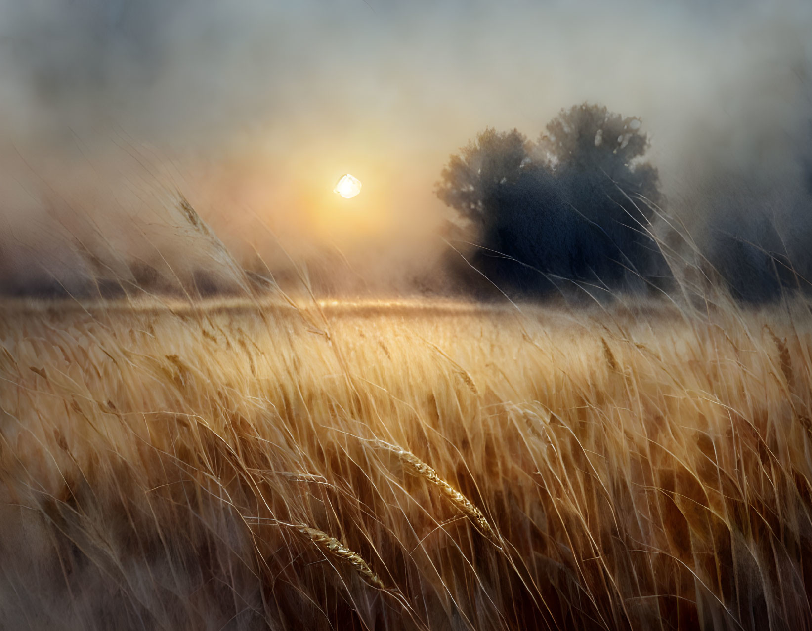 Misty golden wheat field with sunlit trees in the distance