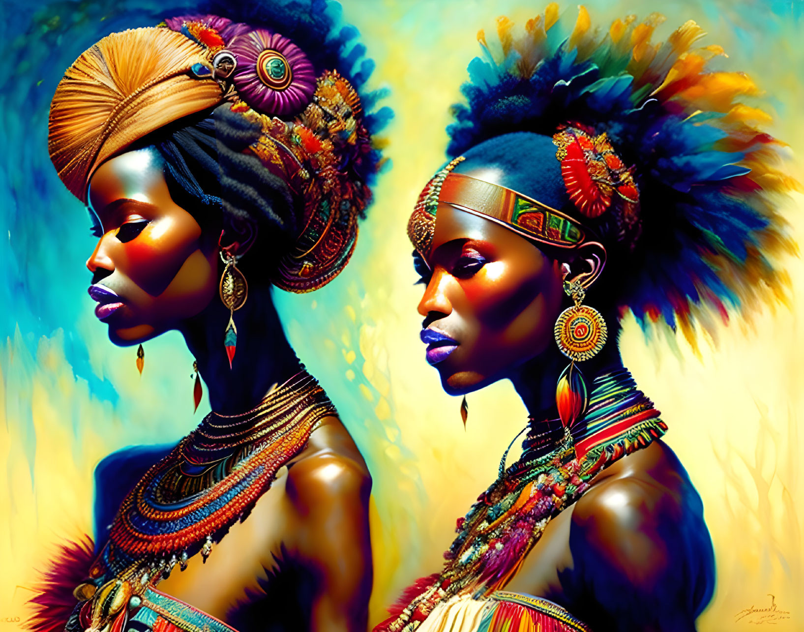 Stylized portraits of women with elaborate hairstyles and African-inspired jewelry on vibrant yellow backdrop