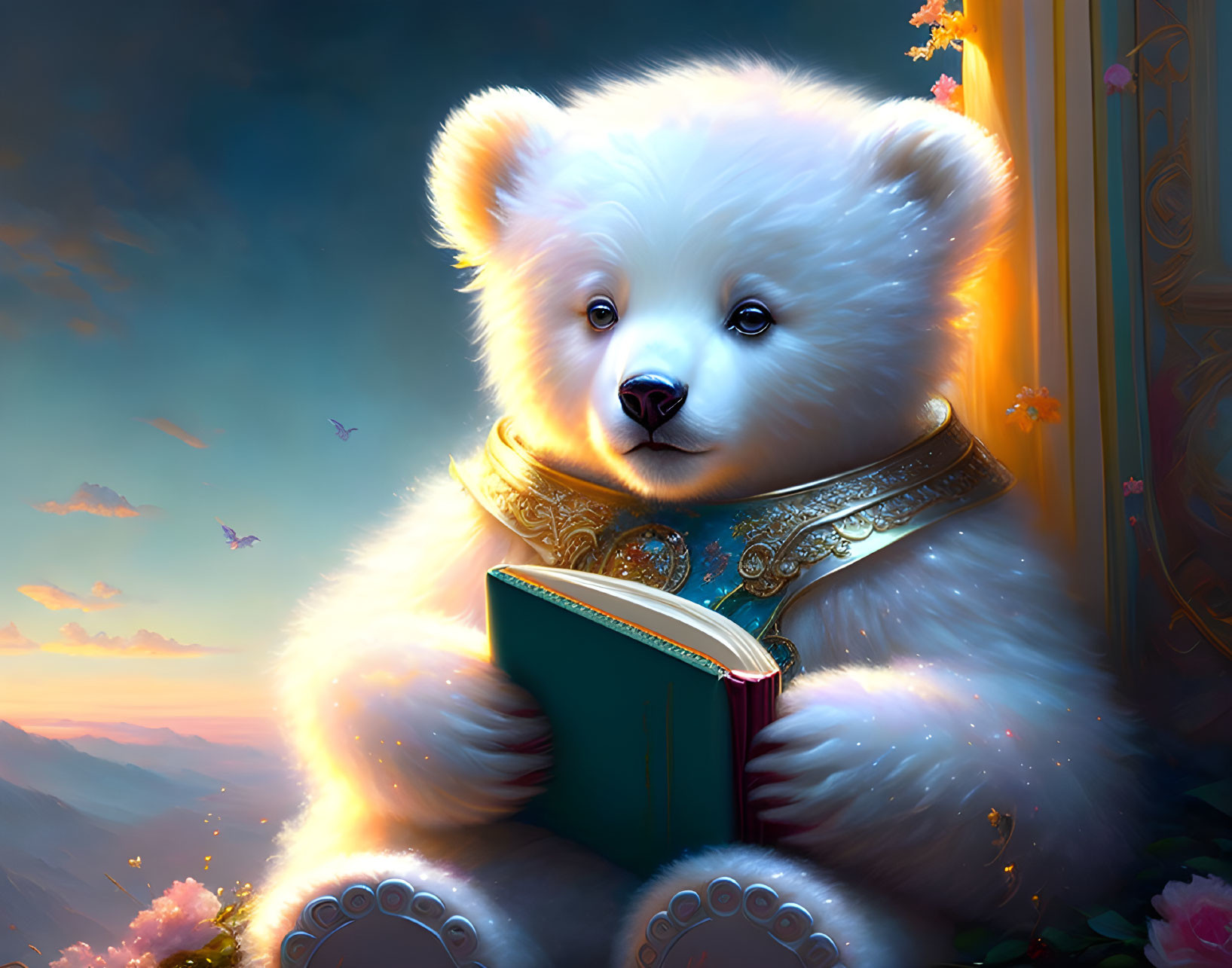 Fluffy white bear cub with golden collar reading green book in mountain sunset scene