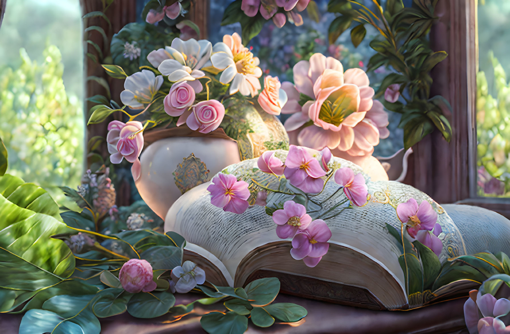 Open book with flowers by window overlooking garden and vase with roses - serene scene.