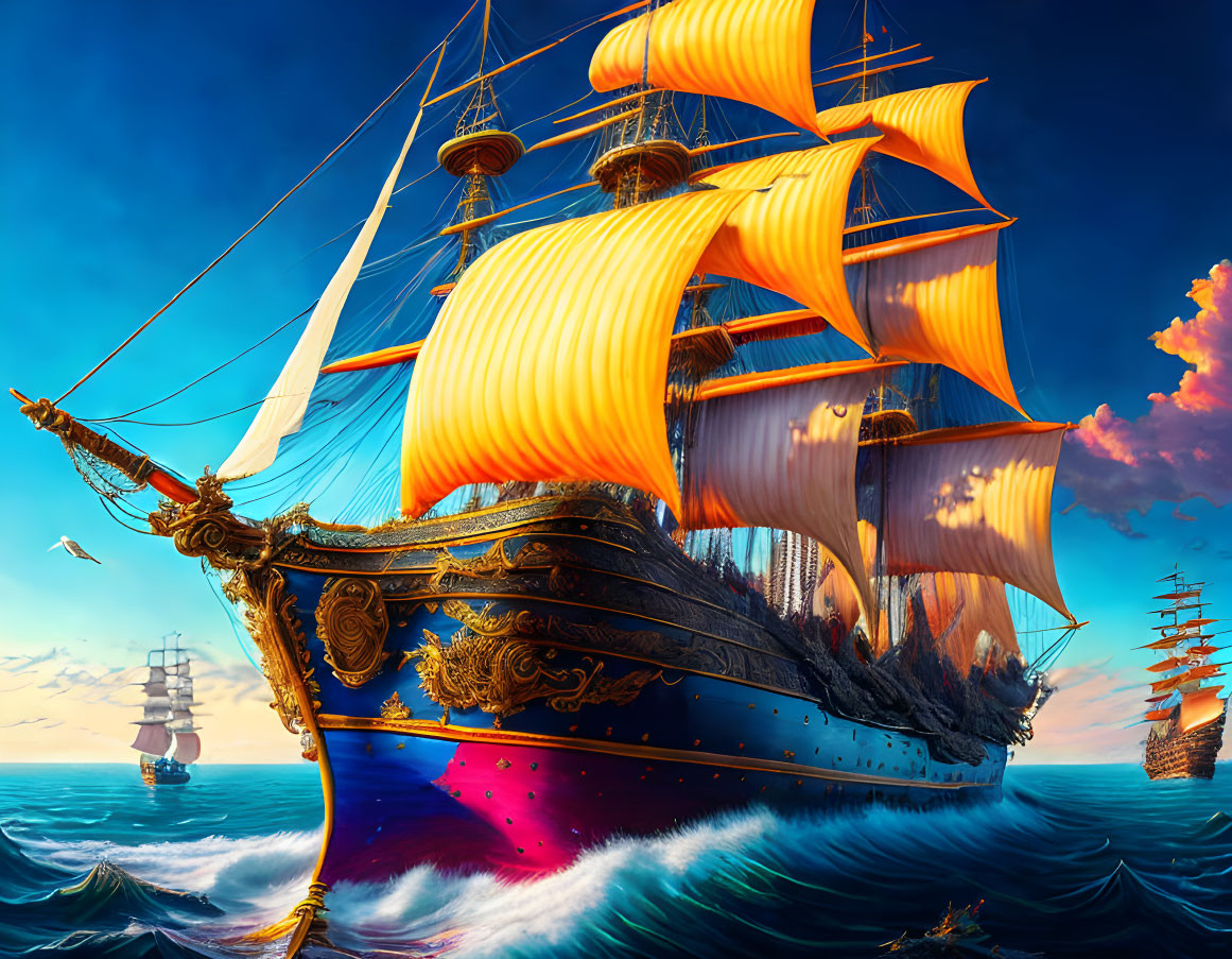 Golden-sailed sailing ship on wavy seas at sunset