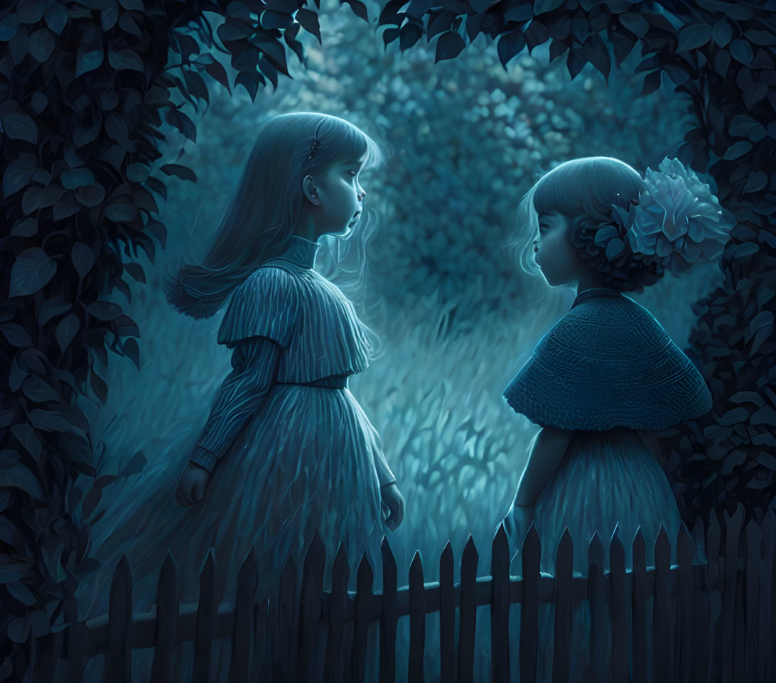 Two girls in moonlit garden by wooden fence, one with flower in hair