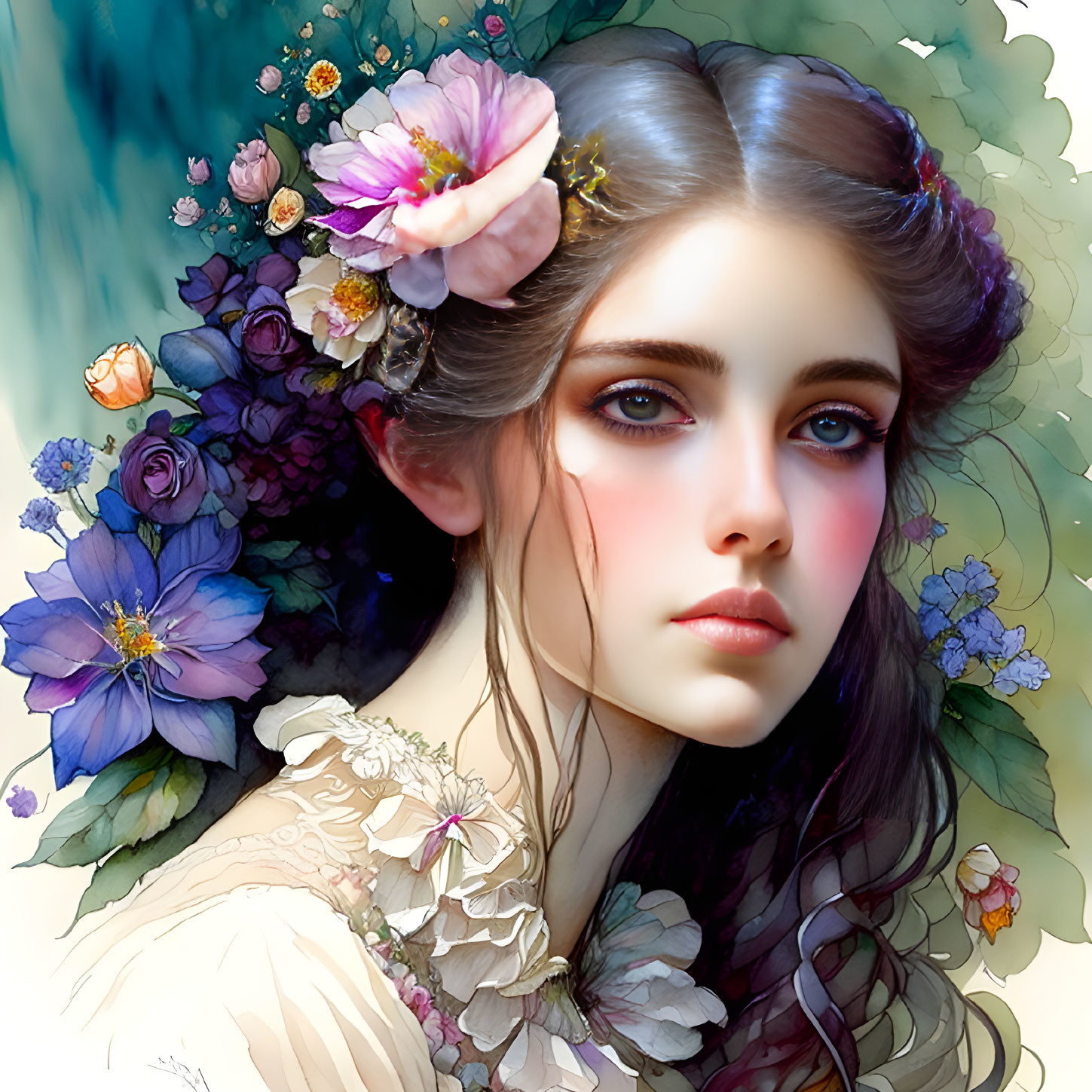 Detailed illustration of woman with blue eyes surrounded by vibrant flowers on pastel background