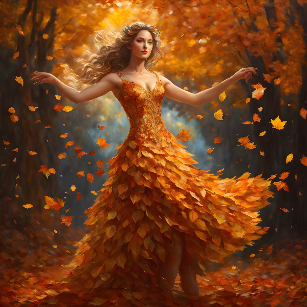 Woman in leaf-adorned dress surrounded by swirling leaves in forest