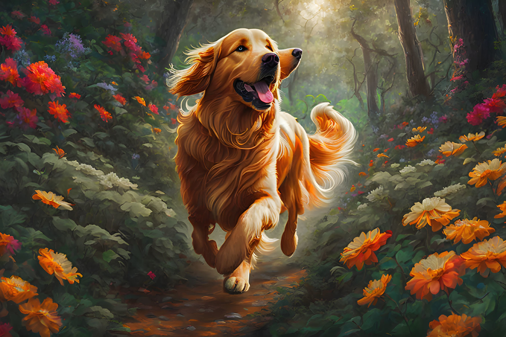 Golden retriever running in sunlit forest with vibrant flowers