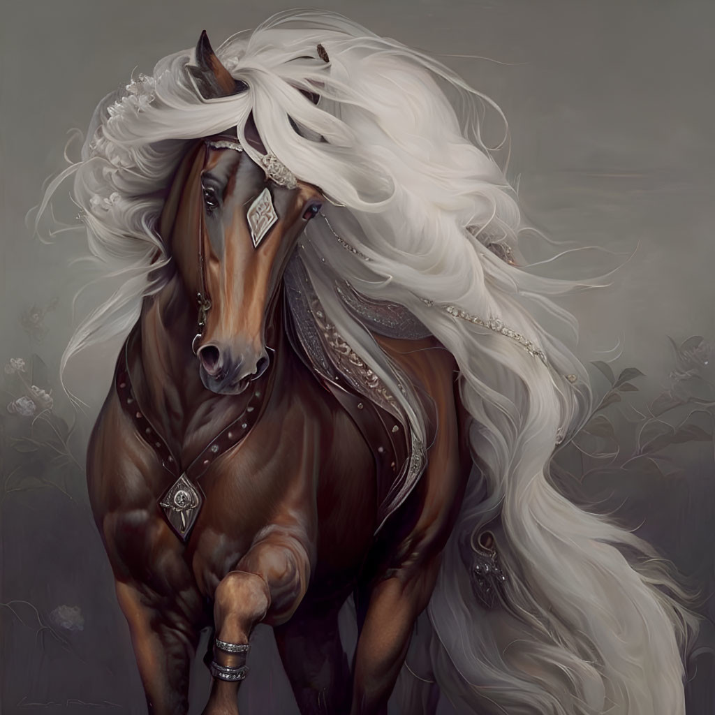 Majestic chestnut horse with white mane and elegant bridle on muted background