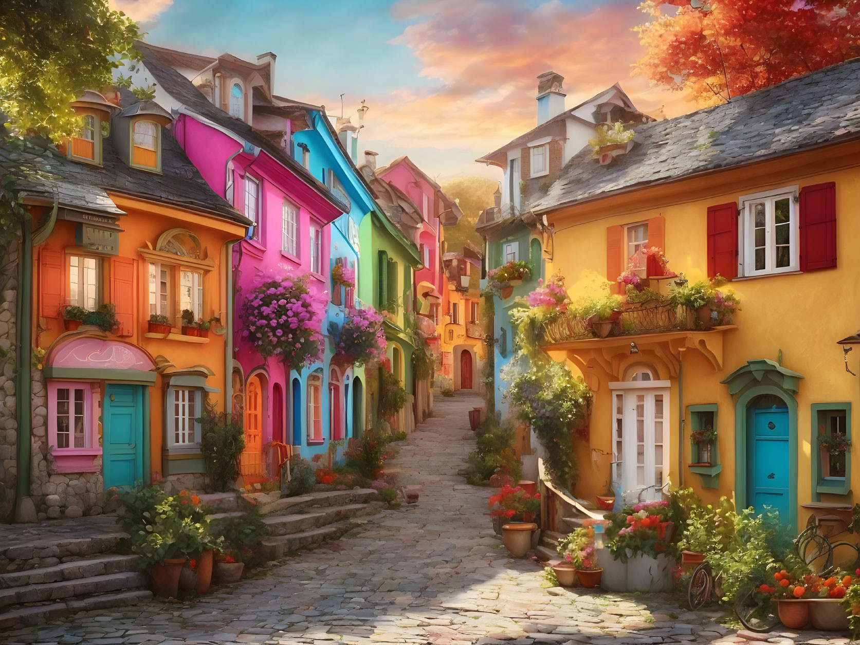 Vibrant cobblestone street with colorful houses at sunset