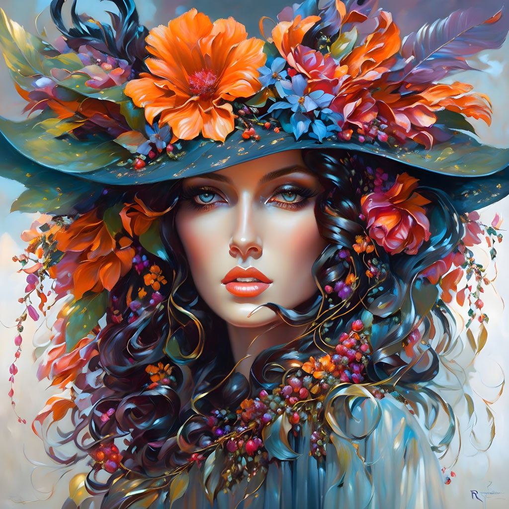 Portrait of woman with blue eyes, floral hat, curly hair, berries, and flowers on soft backdrop