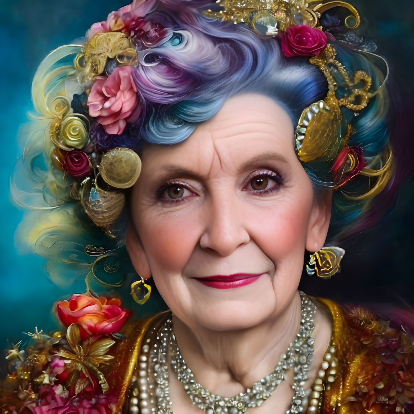 Elderly Woman with Colorful Hairstyle and Flower Adornments in Golden Outfit