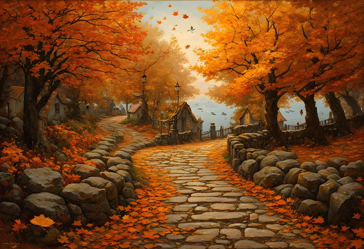 Tranquil Autumn Scene: Cobblestone Path, Golden Trees, Lake View