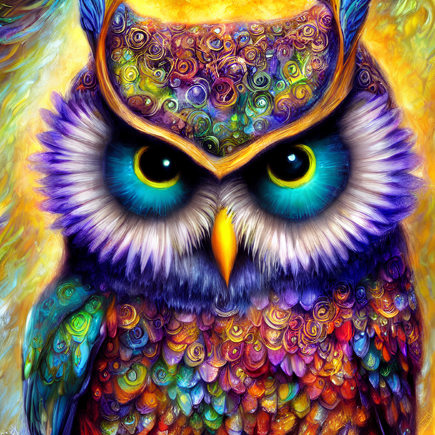 Colorful Owl Painting with Intricate Patterns and Textures