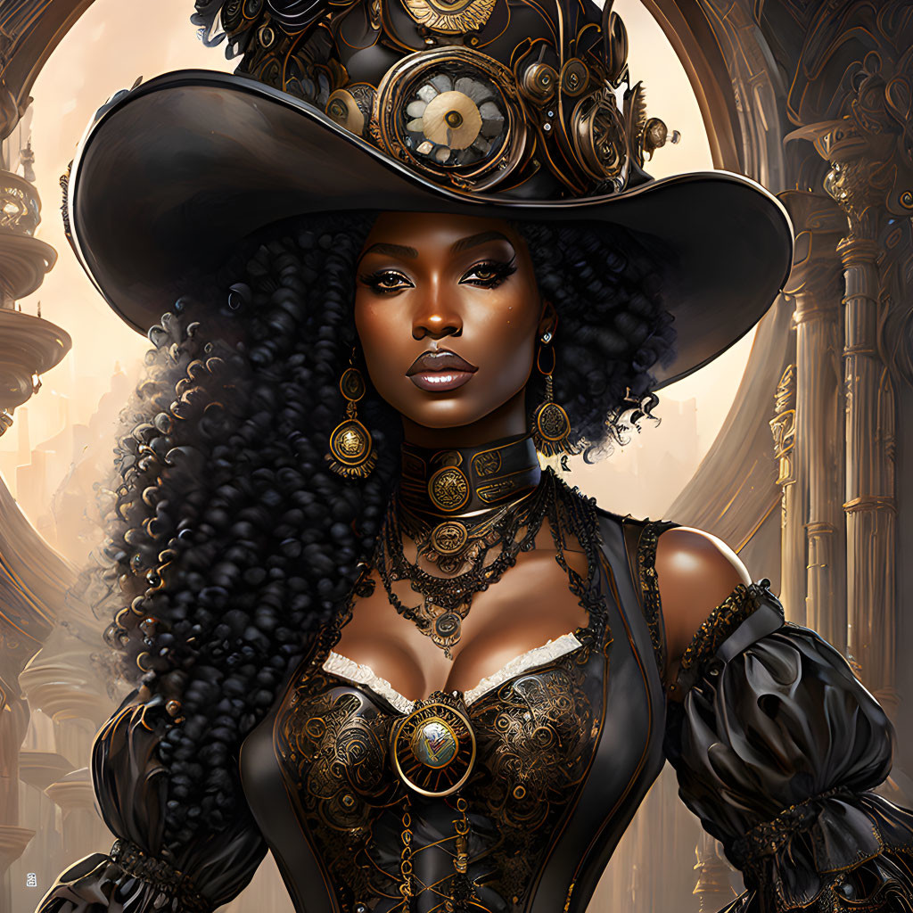 Dark-skinned woman in steampunk attire with ornate jewelry against architectural backdrop