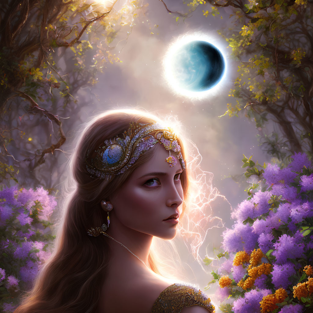 Woman with jeweled headpiece gazes at glowing eclipse in fantastical landscape