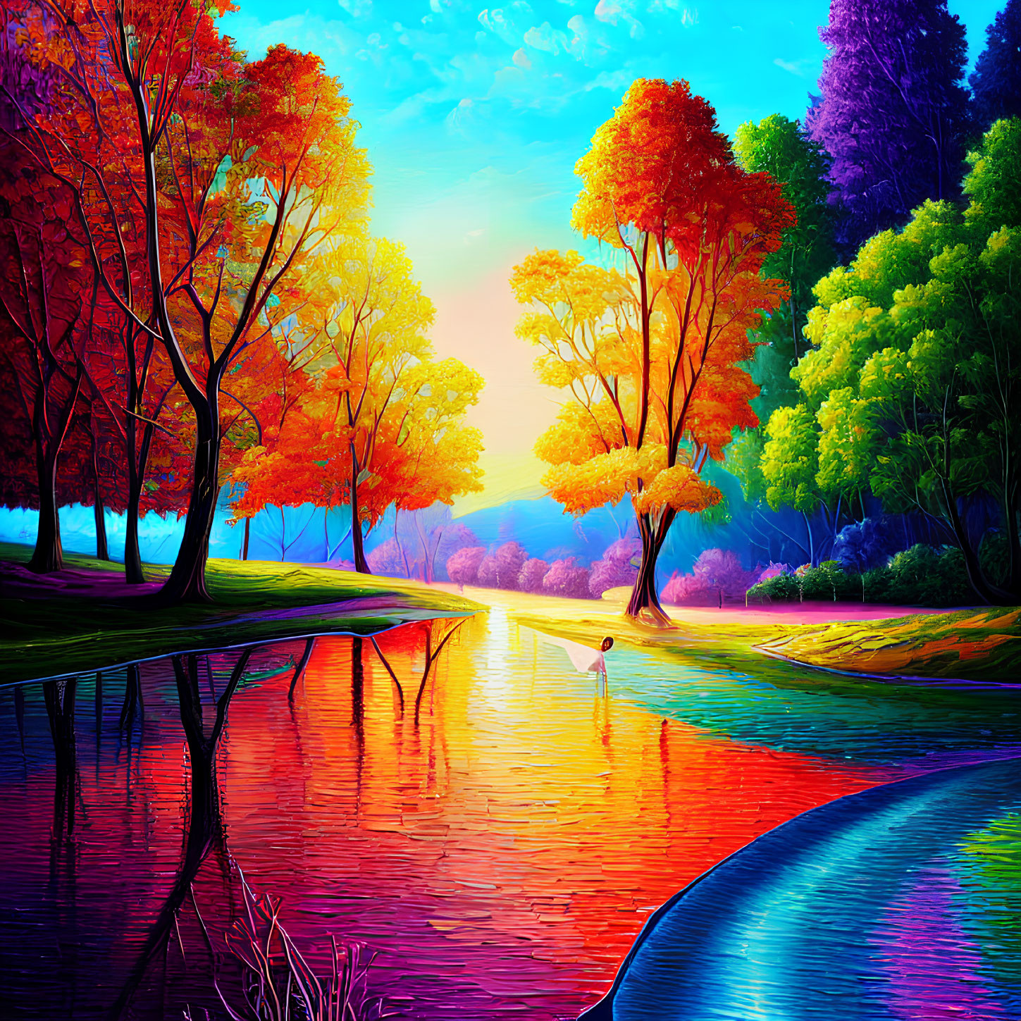 Scenic autumn lake digital artwork with vibrant colors