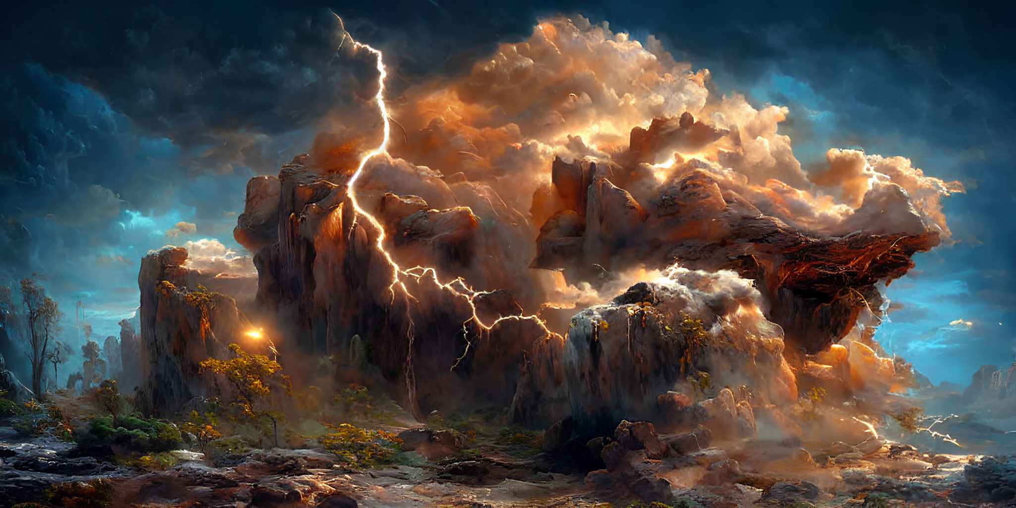 Dramatic landscape with towering rock formation and lightning strikes