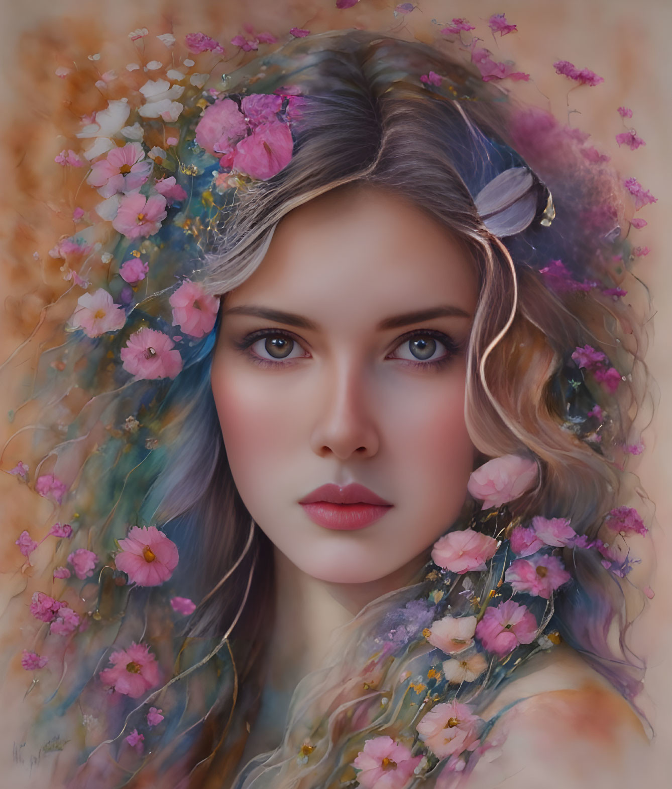 Fair-skinned woman with blue eyes wearing a crown of pastel flowers and butterflies in her curly hair