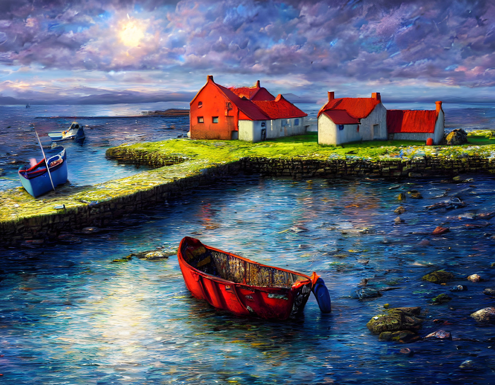 Vibrant coastal scene with red-roofed buildings, boats, and dramatic sunset sky