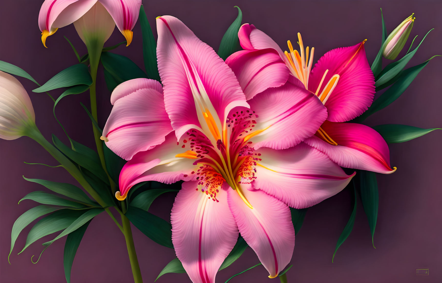 Detailed Digital Illustration of Vivid Pink Lilies on Muted Purple Background