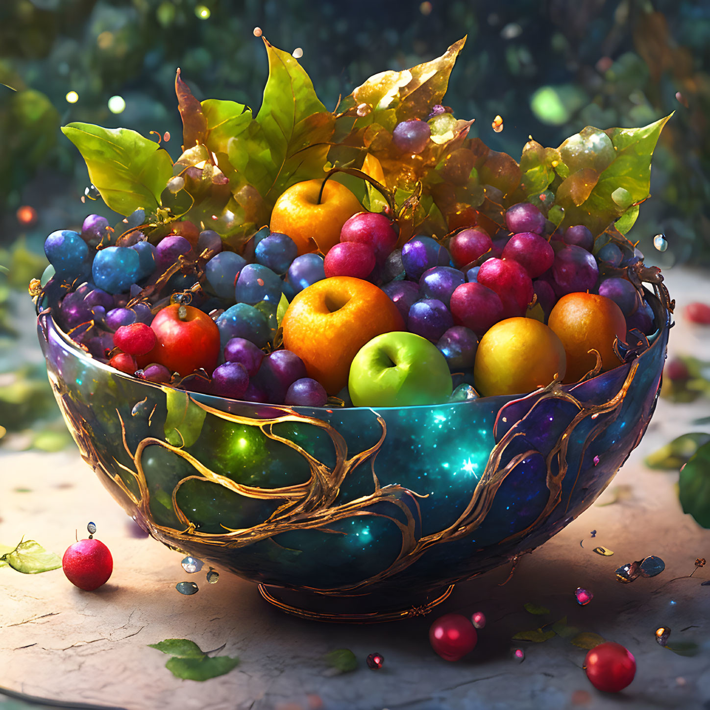 Colorful Fruit Bowl with Celestial Background and Scattered Pieces