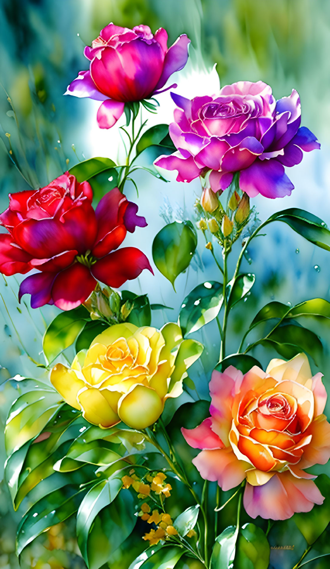 Colorful digital artwork featuring roses in red, purple, yellow, and orange hues with green leaves on