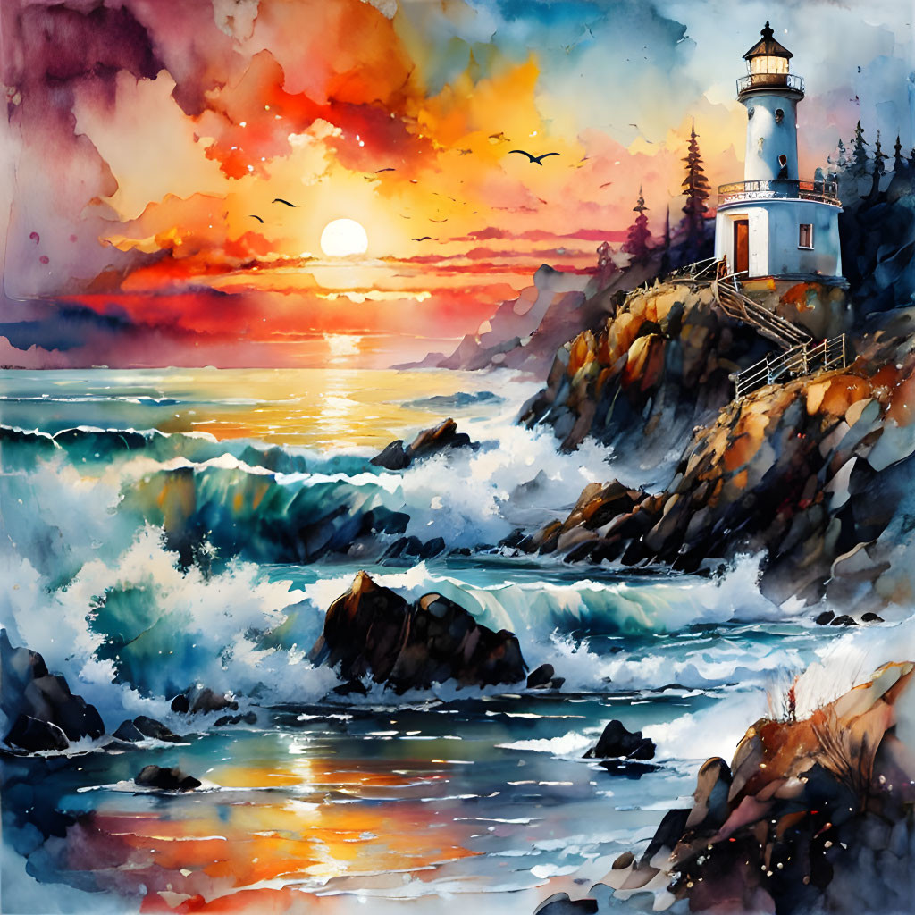 Colorful Watercolor Painting: Lighthouse on Rocky Shore at Sunset