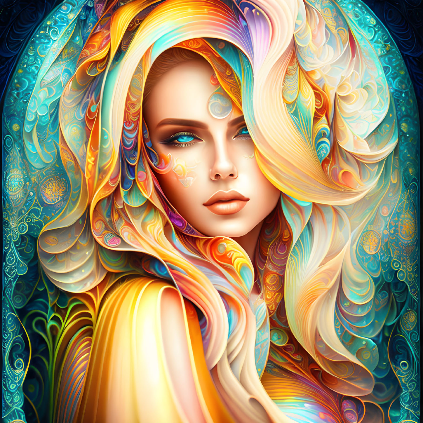 Colorful digital artwork featuring a woman with flowing multicolored hair and intricate patterns.