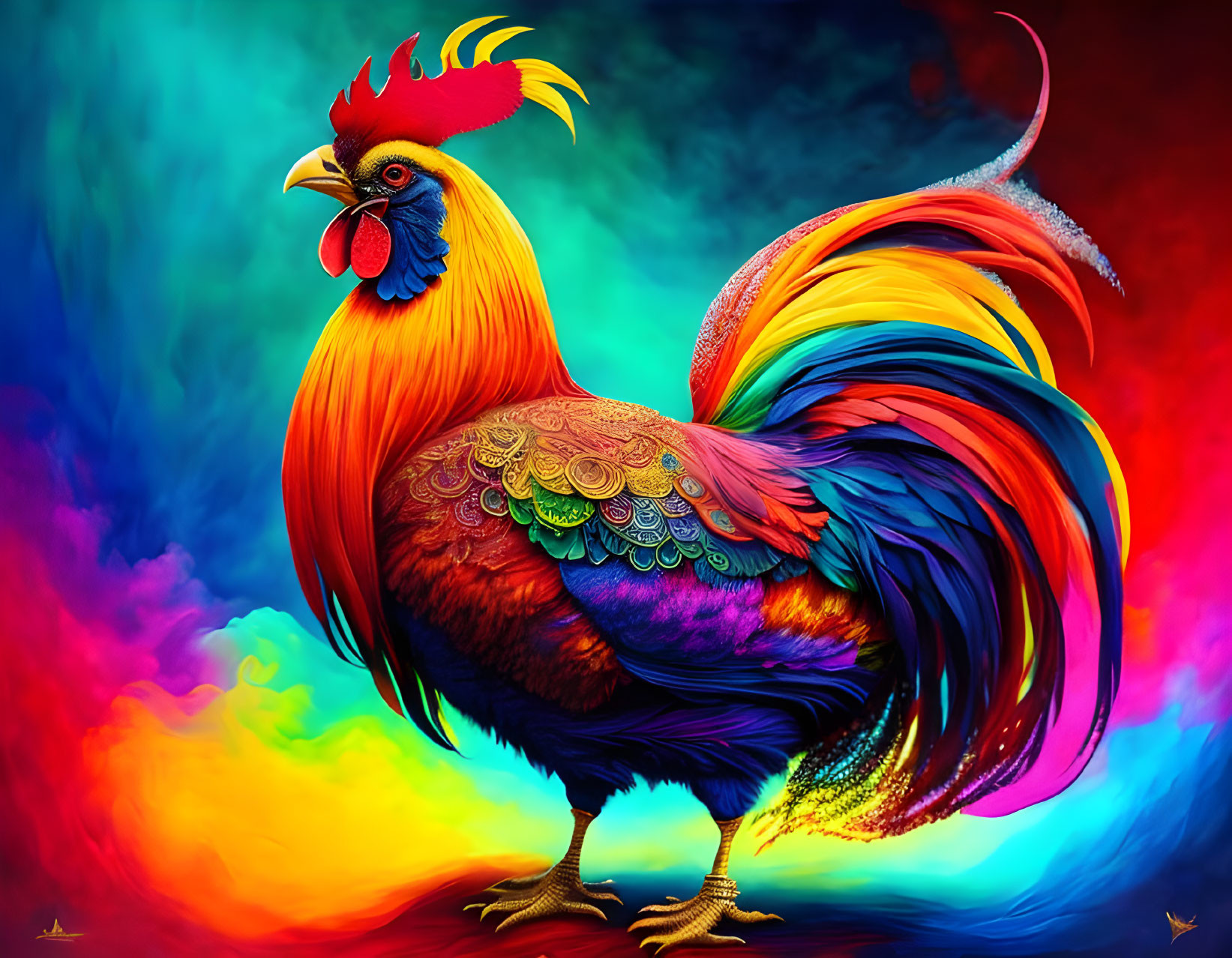 Colorful Rooster Illustration on Vibrant Background