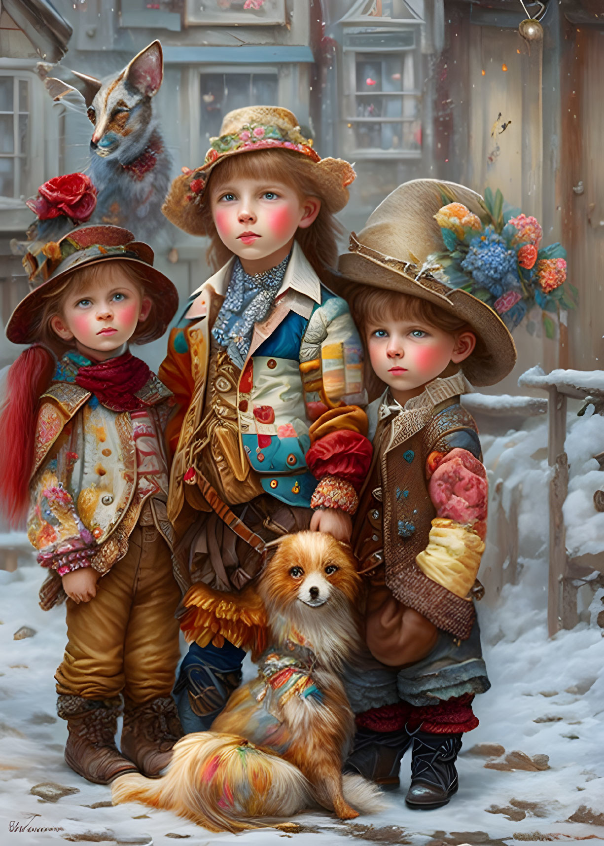 Stylized children in vintage clothing with fox and rabbit in snowy scene