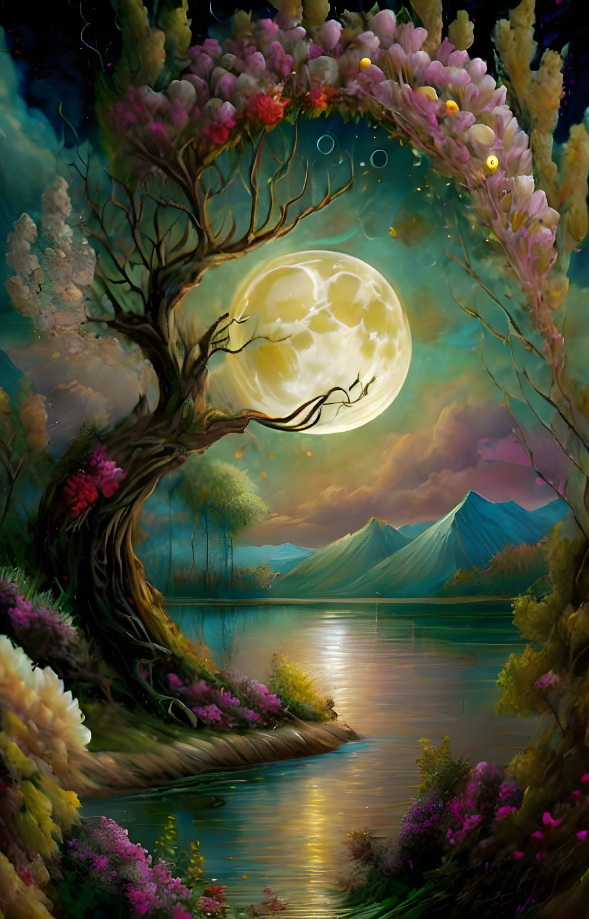 Serene fantasy landscape with full moon, flowering trees, tranquil lake