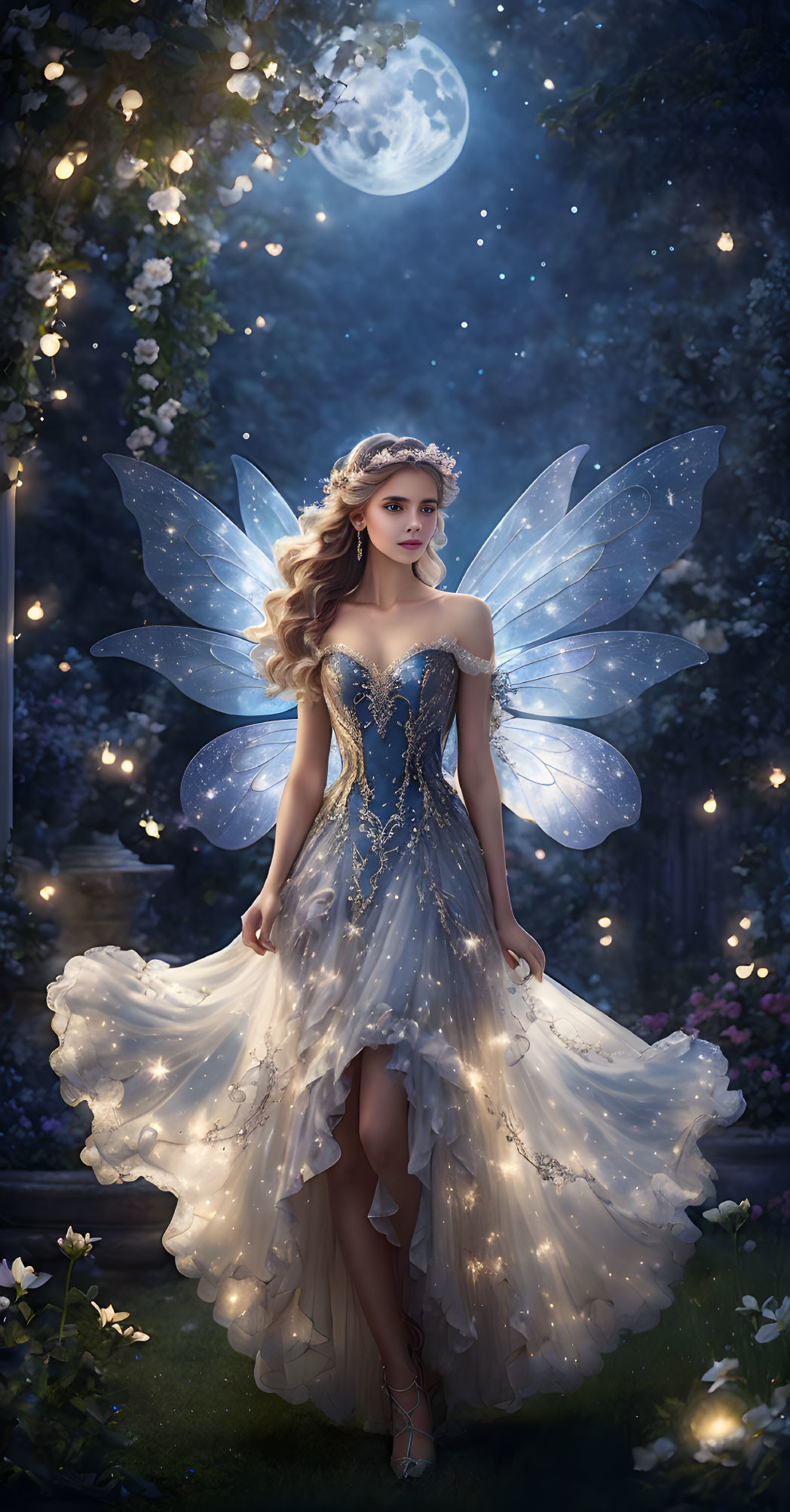 Fantasy illustration: Woman with luminescent wings in moonlit garden