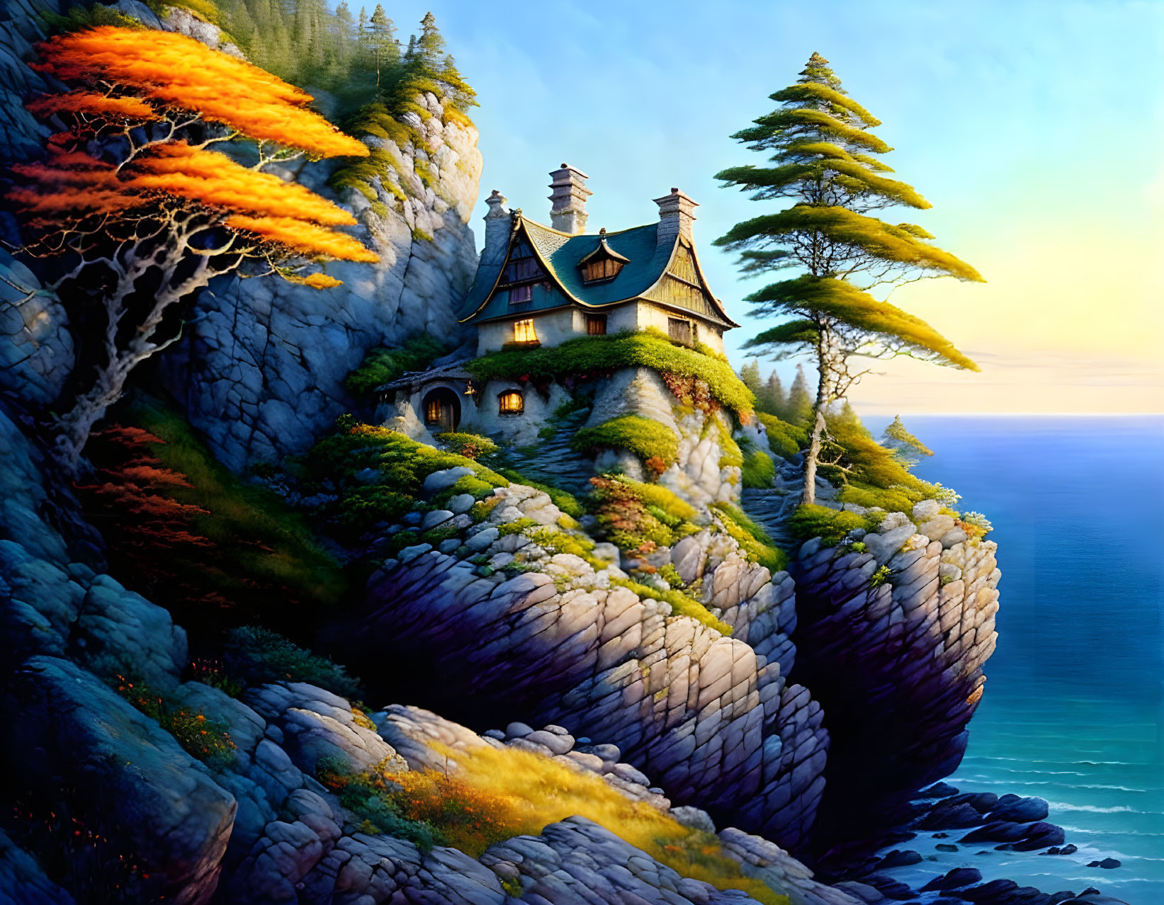 Tranquil seaside landscape with house on rocky cliff at sunset