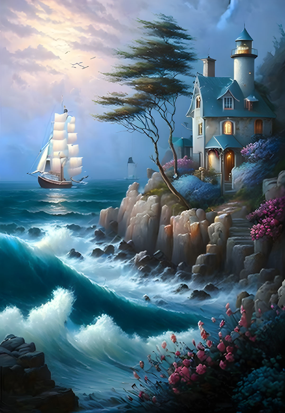 Seascape with white lighthouse, pink flora, sailing ship, twilight sky