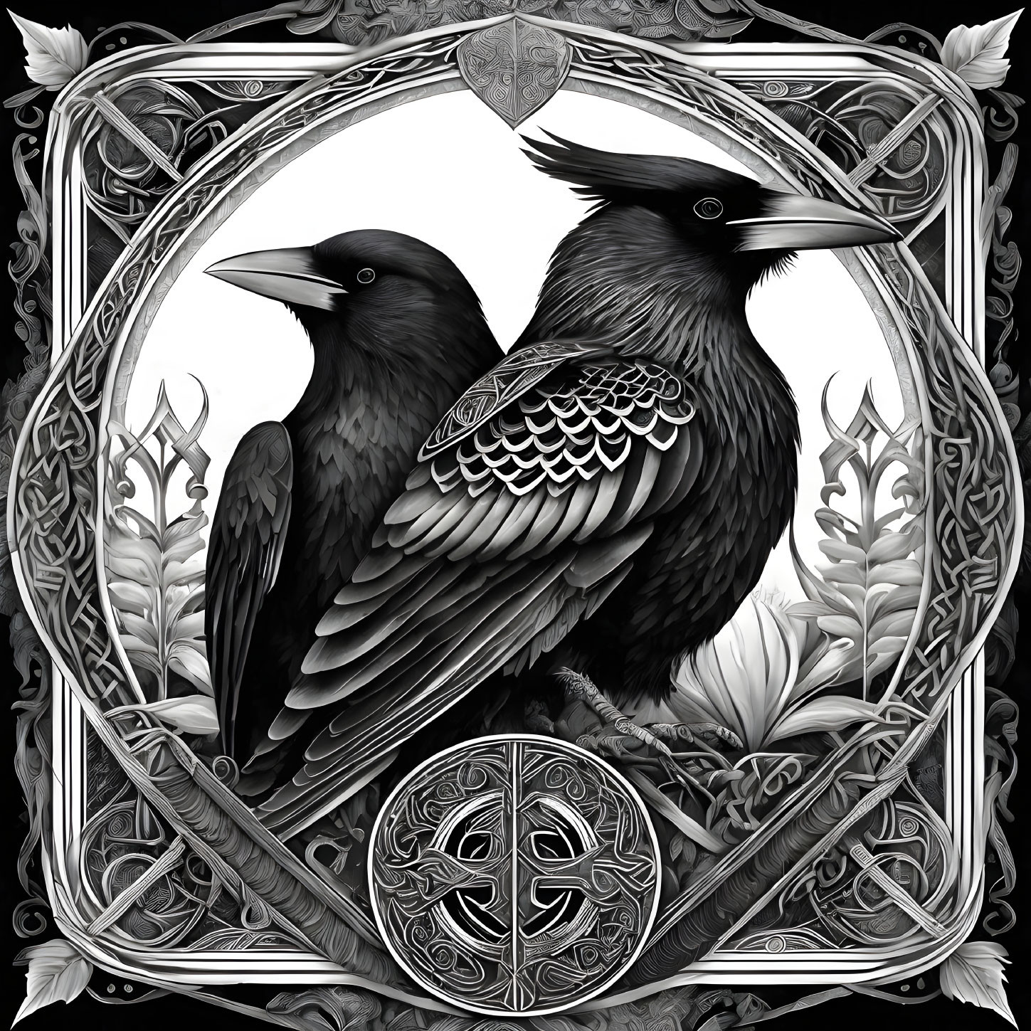 Celtic-style frame with two ravens and intricate knotwork