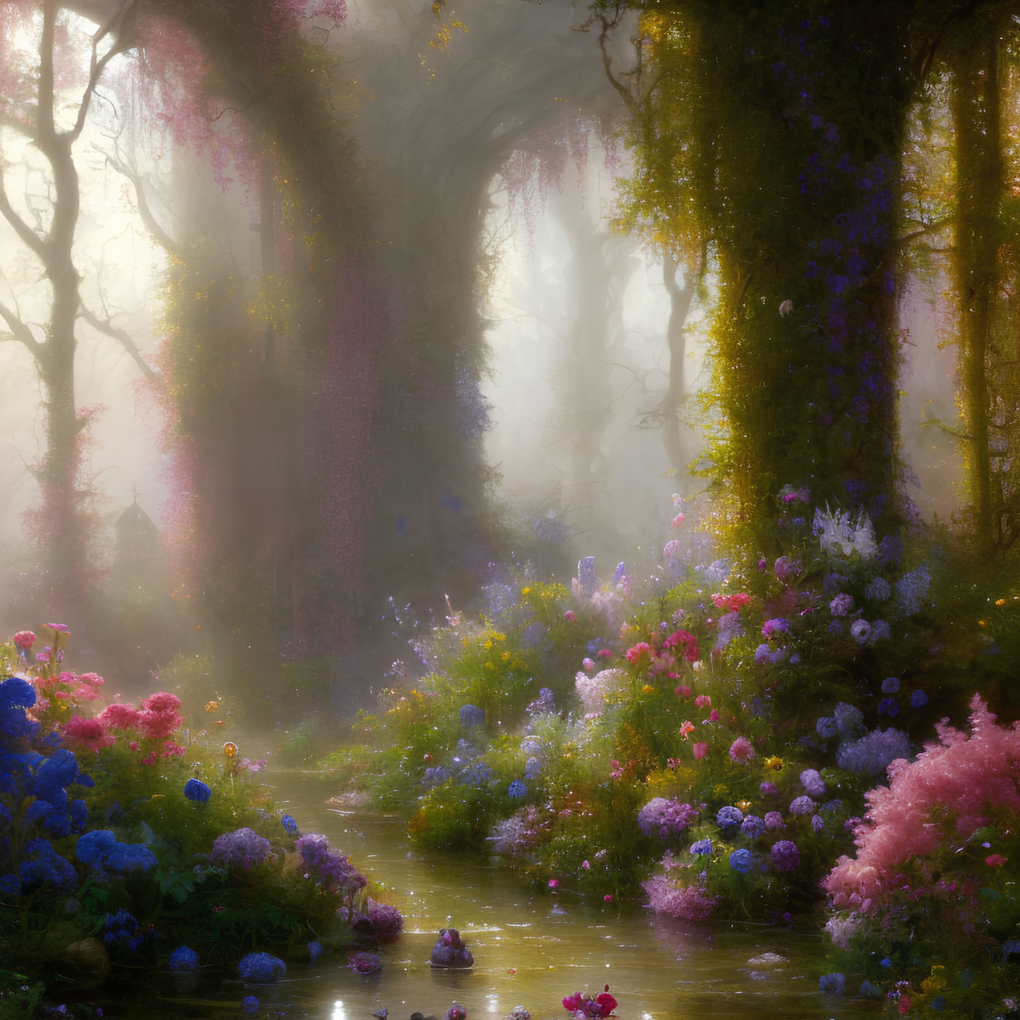 Mystical forest with sunlight, colorful flowers, and winding vines