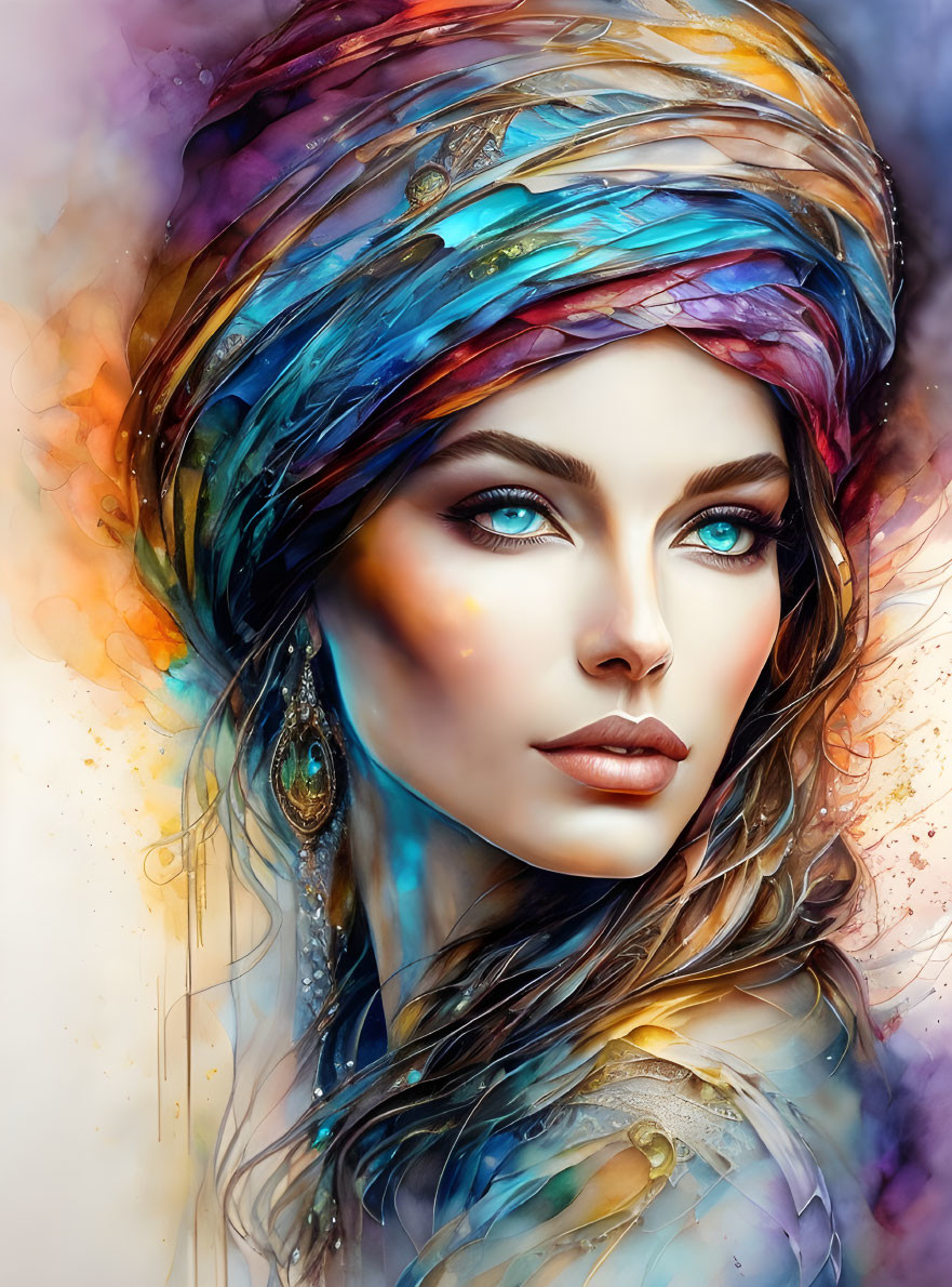 Colorful Turban Woman Portrait with Striking Blue Eyes