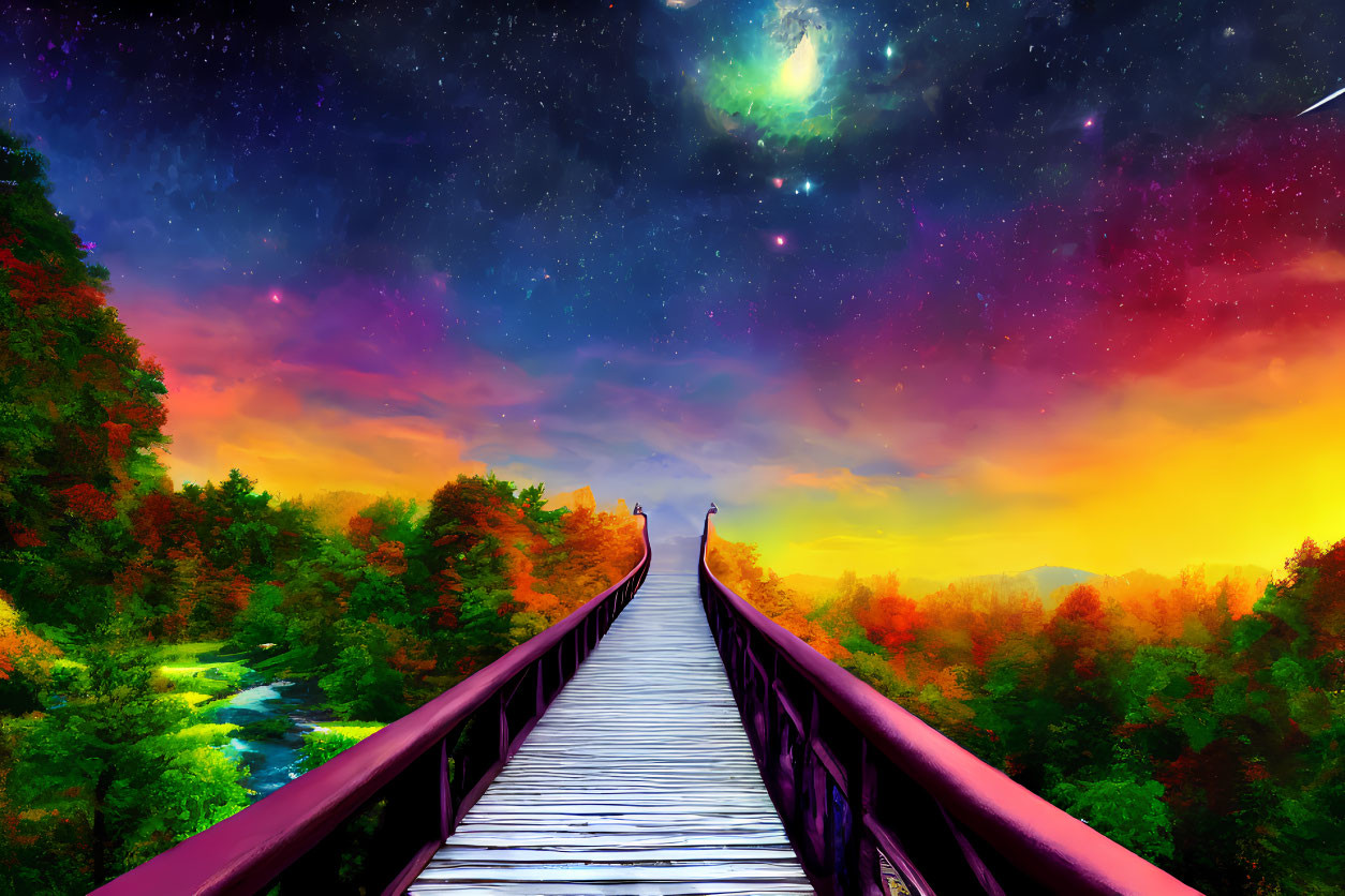 Colorful artwork: Wooden bridge, starry sky, nebula, shooting star