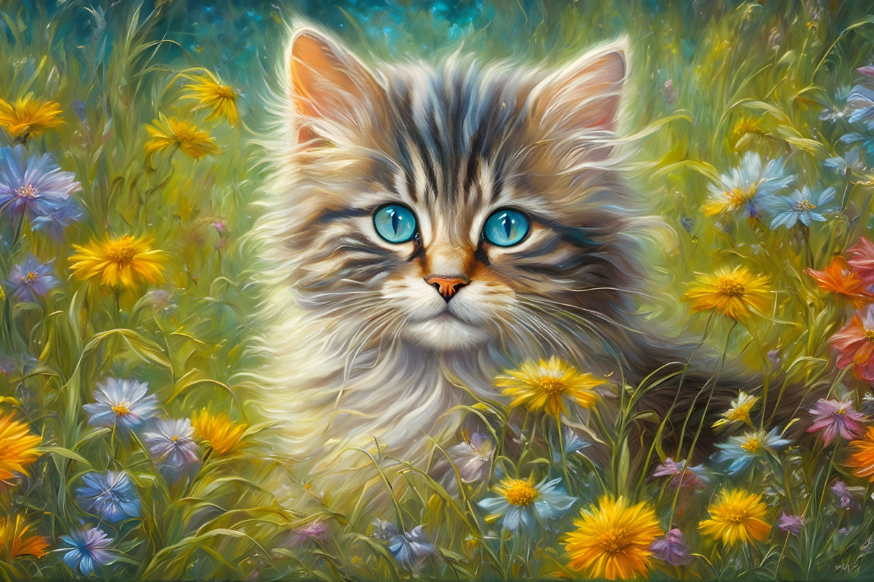 Fluffy kitten with blue eyes in colorful flower field