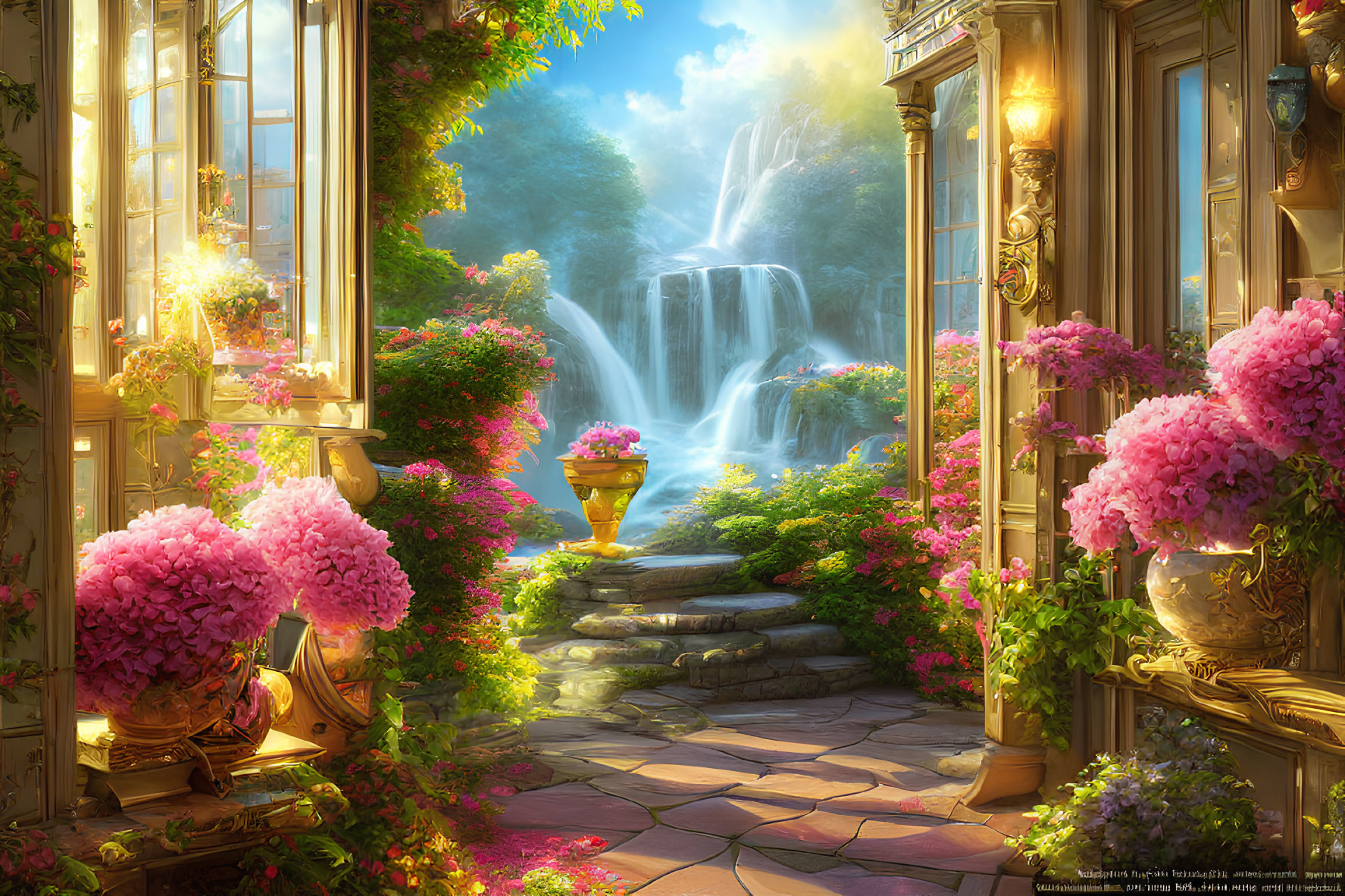 Lush Pink Flower Balcony Overlooking Waterfall in Forest