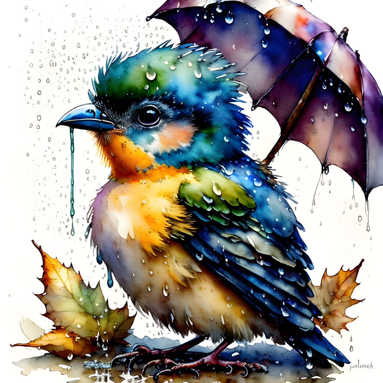 Colorful stylized bird with umbrella in rain and autumn leaves.