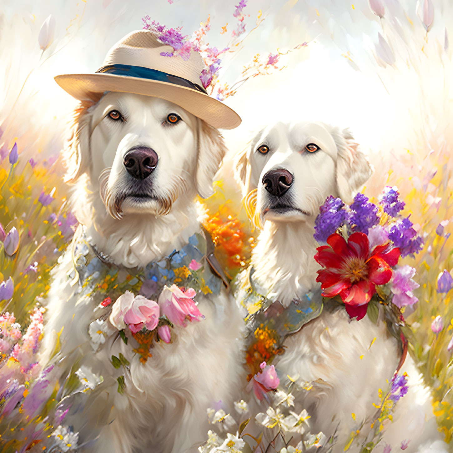 Two Dogs in Floral Leis and Hats Surrounded by Blooming Flowers