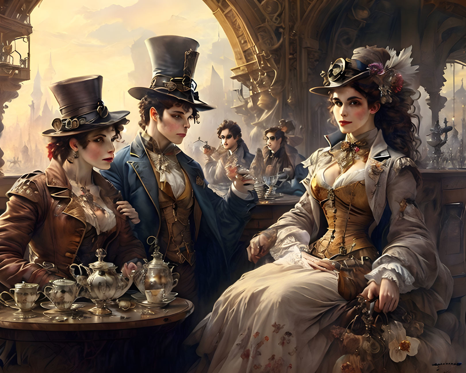 Steampunk tea party in ornate Victorian room