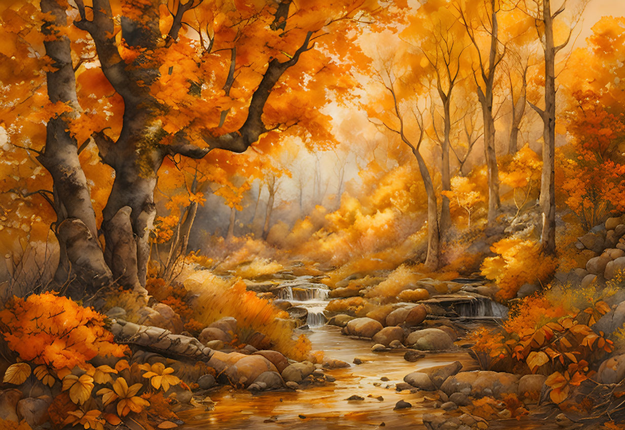 Tranquil autumn forest scene with golden leaves and sunlit trees