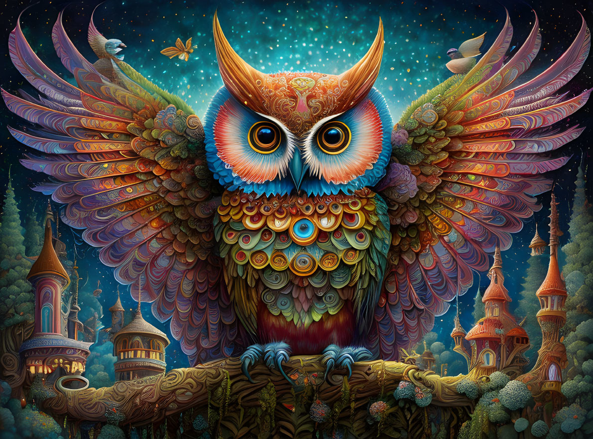 Colorful Owl in Fantastical Forest Landscape