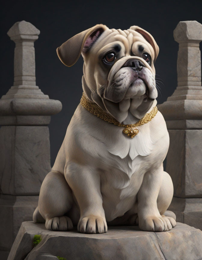 Digital artwork of bulldog with golden necklace in majestic pose, set against stone pillars