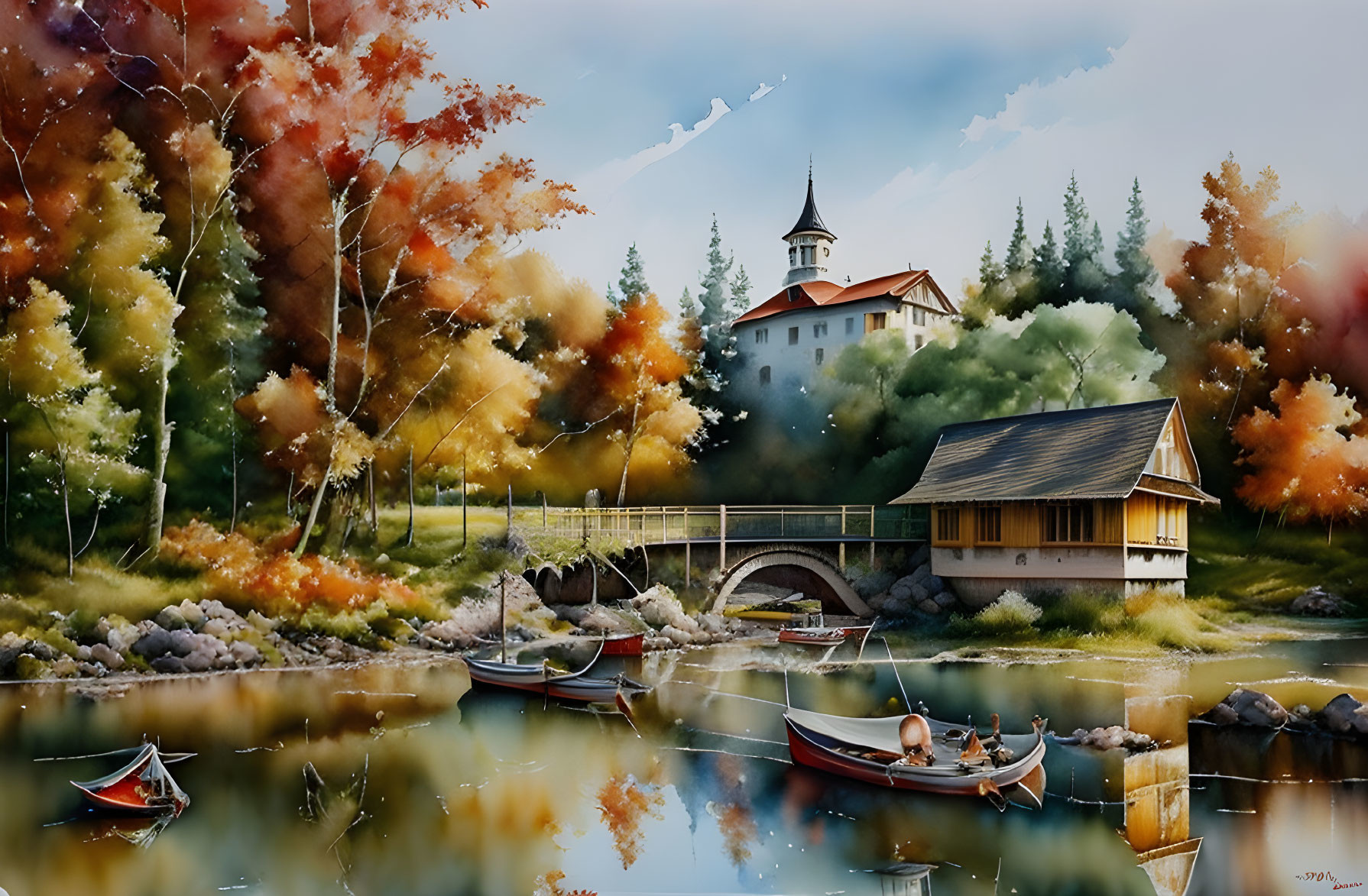 Tranquil autumn scene: lake, foliage, boats, stone bridge, buildings, trees, clear