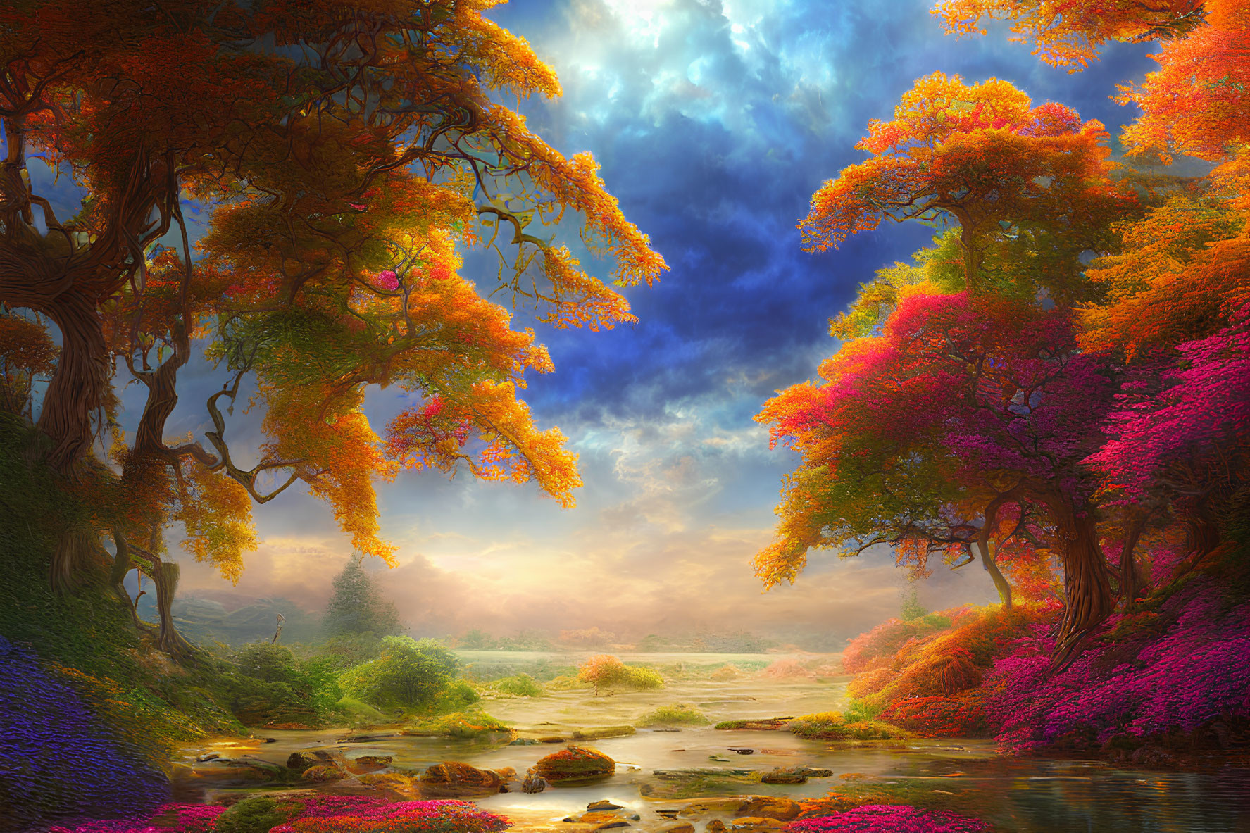 Colorful Autumn Landscape with River and Sunlit Clearing