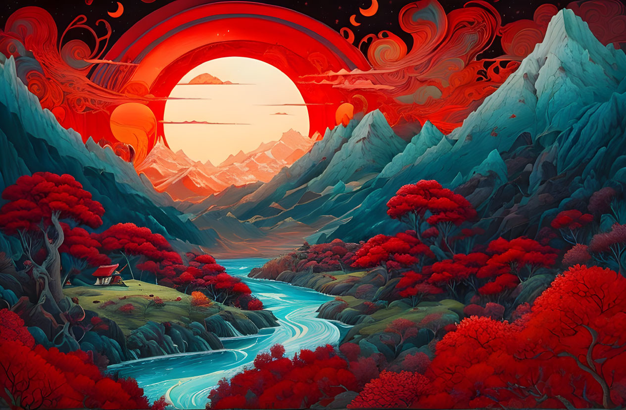 Surreal landscape digital artwork with vibrant red foliage, winding river, and stylized sky.